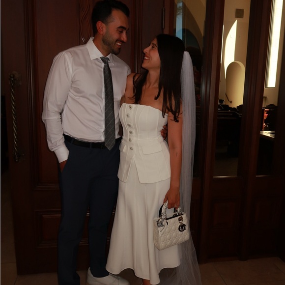 Self-Portrait Strapless White Midi Dress with Button Front - Picture 2 of 4